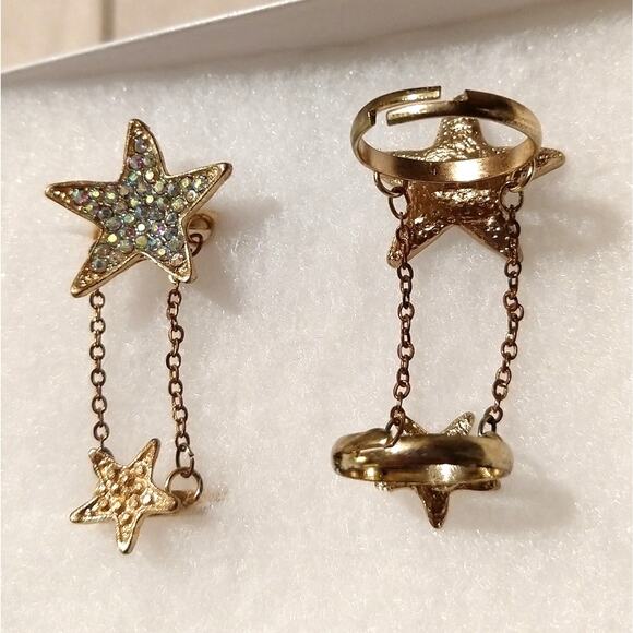 Stasia Star: Bling Rhinestone Double Star Rings adjustable OSFA gold costume - Picture 4 of 8